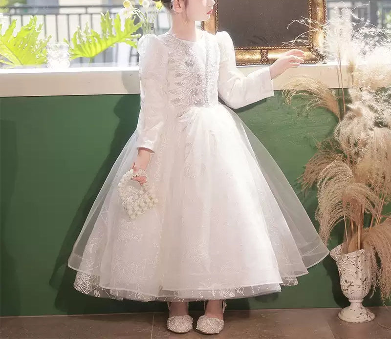 Ball Gown Round Neck Long Sleeves Flower Girl Lace Dress with Crystal Appliques