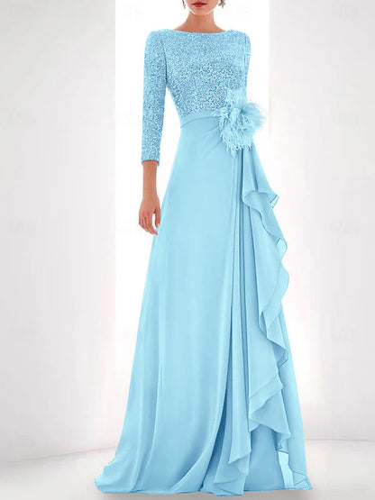 A-Line/Princess Jewel Neck Long Sleeves Asymmetrical Mother of the Bride Dresses With Sequin & Feather & Pearls