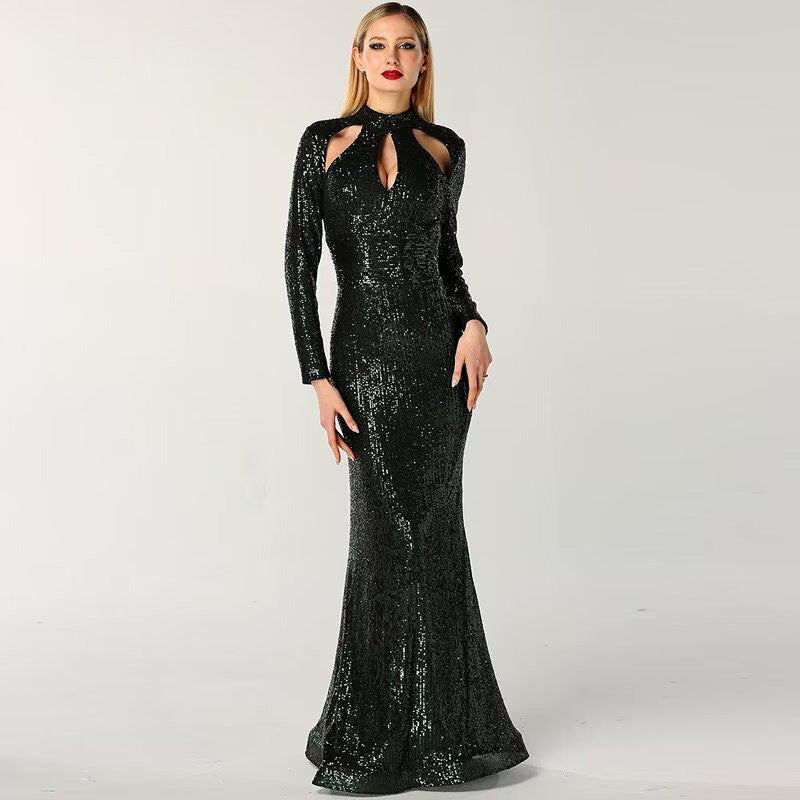 Okdais Black Green Long Sleeve Prom Dress Sexy Mermaid Dress LM0054