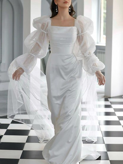 Sheath/Column Square Neckline Long Sleeves Sweep Train Satin Chiffon Wedding Dresses