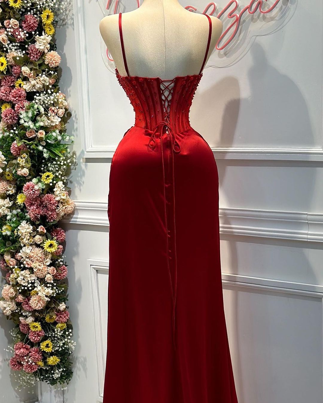 Fashion Red Spaghetti Strap Prom Dress Split Mermaid Dress LY0018