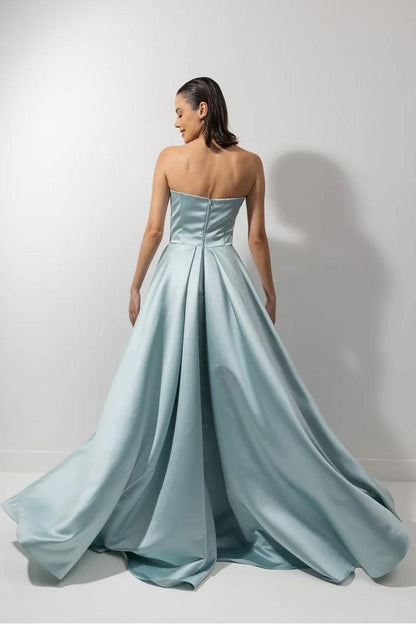 edgynewlook Simple Light Blue Satin Sleeveless Strapless Long Pleated Prom Dress with Split