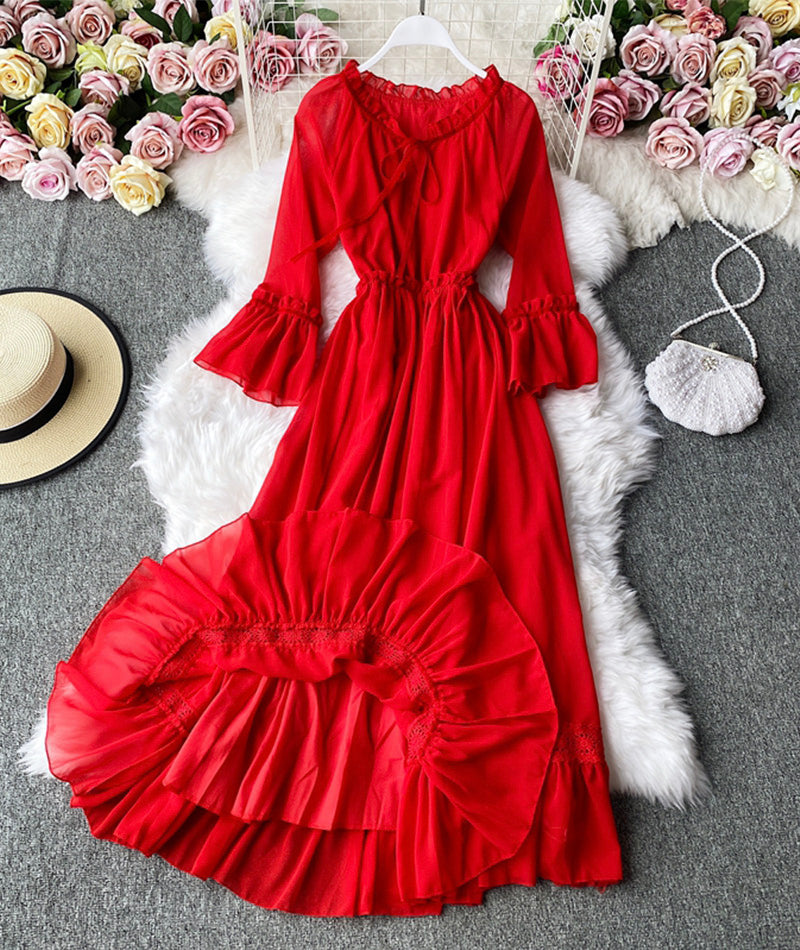 Red A line chiffon dress fashion girl dress  1005