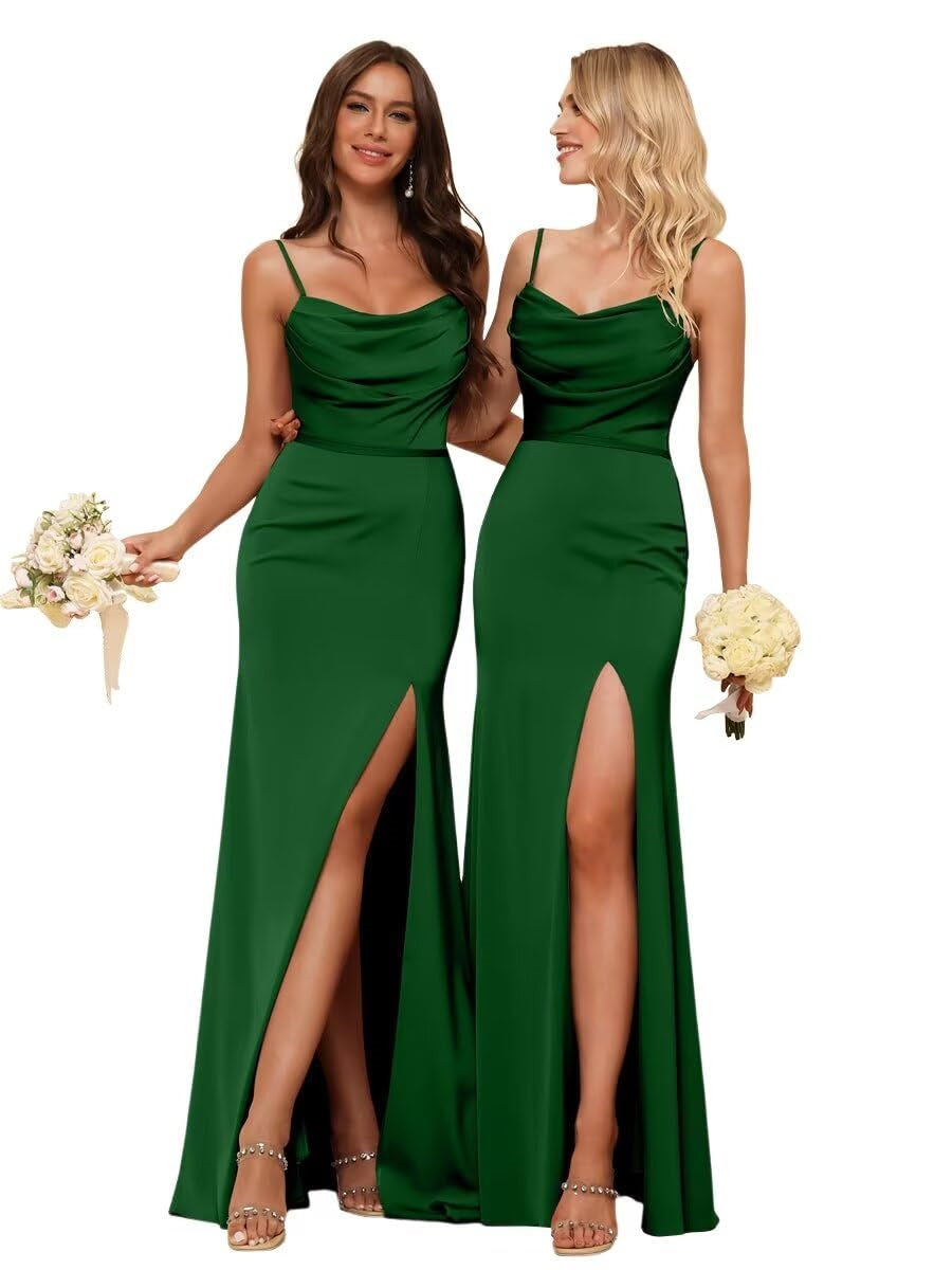 Sheath/Column Spaghetti Straps  Sleeveless Floor Length Bridesmaid Dresses  Satin with Ruffles Split