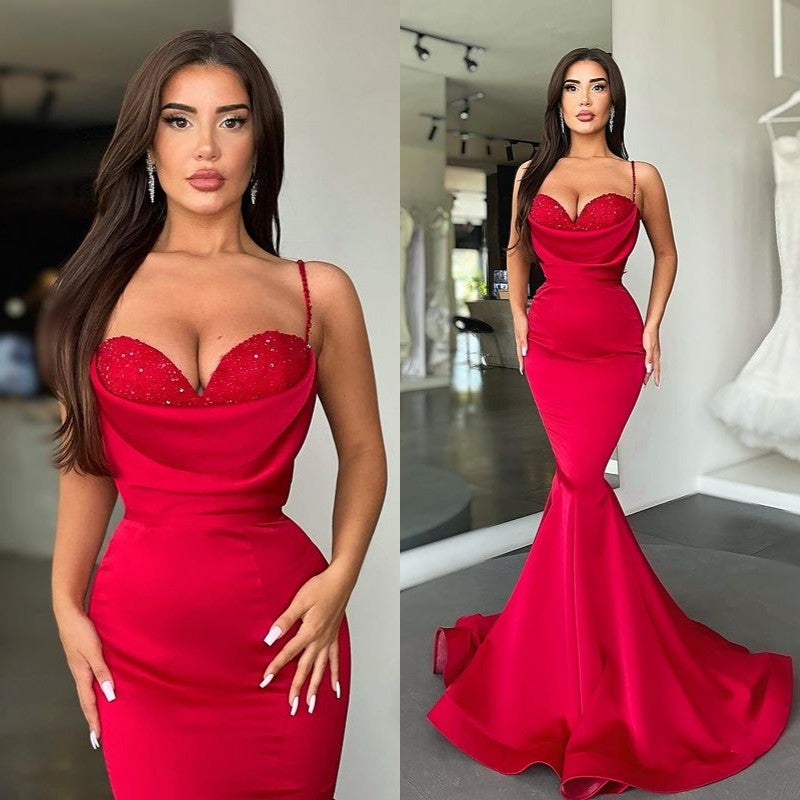 Red Spaghetti-Straps Mermaid Prom Dress Long PD0572