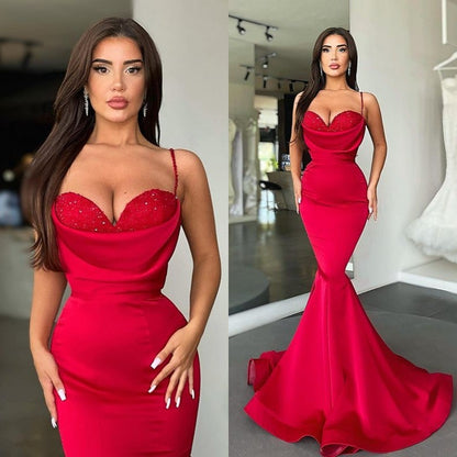 Red Spaghetti-Straps Mermaid Prom Dress Long PD0572