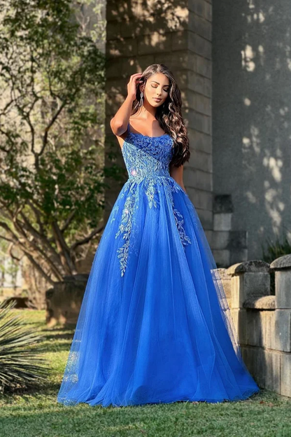 Blue Embroidered Spaghetti Straps Tulle Prom Dress ZT0087