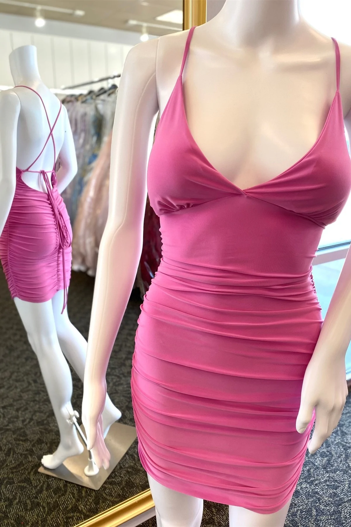 Hot Pink Lace-Up Ruched Mini Homecoming Dress gh1415