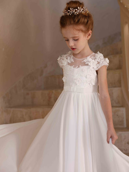 A-Line/Princess Satin Lace Scoop Short Sleeves Floor-Length  Flower Girl Dresses White Lace