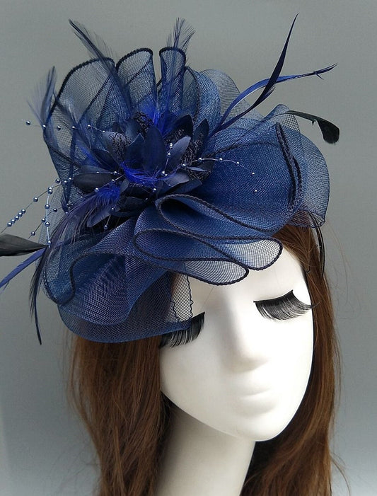 Elegant Net Saucer Hat Fascinator Hats Headpiece Flower Feather & Beading