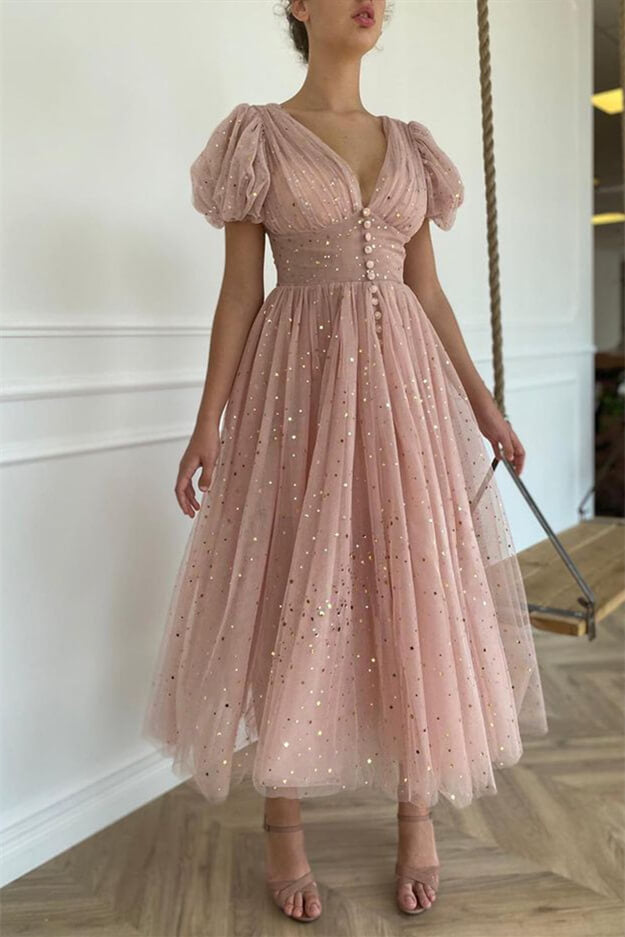 Elegant Taupe Pink V-Neck Short Sleeves Prom Dress With Sequins ED0351