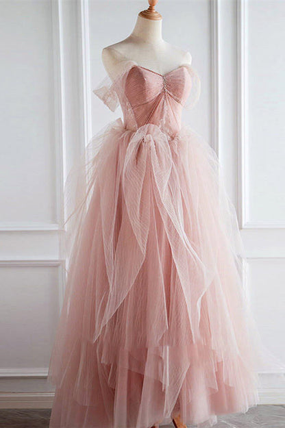 Edgynewlook Pink Off-The-Shoulder Long Prom Dress Sweetheart With Pearls