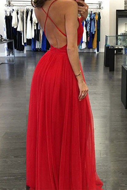 Red Deep V-Neck Long Prom Dress With Slit PD0251