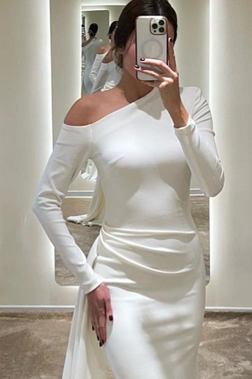 edgynewlook Amazing White Satin Long Sleeves Slim Long Mermaid Prom Dress with Pleated