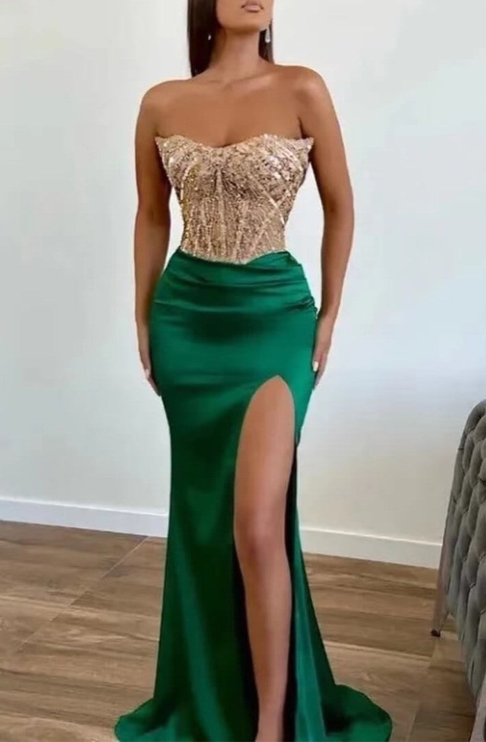 Strapless Green Beadings Mermaid Prom Dress Split With Applique ED0125