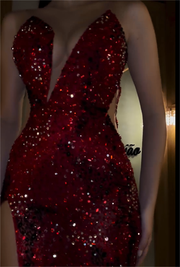 edgynewlook Stunning Red Sequins Strapless Sleeveless Long Split Prom Dress with Beadings