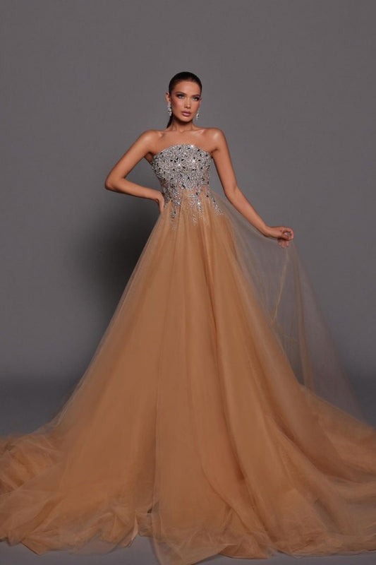 Gold Strapless Embroidery Mesh Prom Dress ZT0294