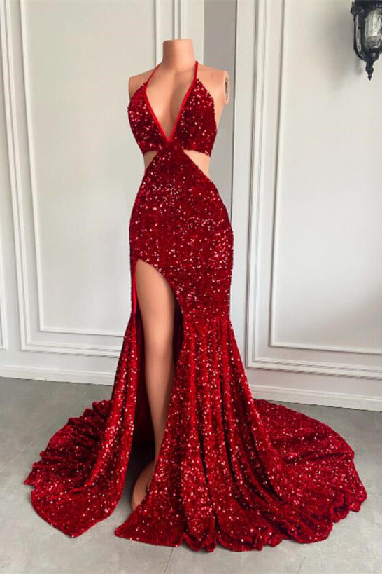 Wine Red Halter Sequins Mermaid Prom Dress With Split PD0791