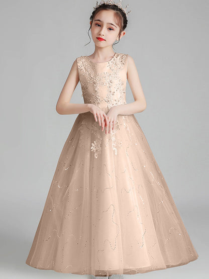 A-Line/Princess Scoop Neck Sleeveless Tulle Flower Girl Dress with Lace Appliques & Ruffles