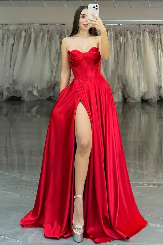 edgynewlook Charming Red Satin Sleeveless Strapless Long Pleated Prom Dress with Split