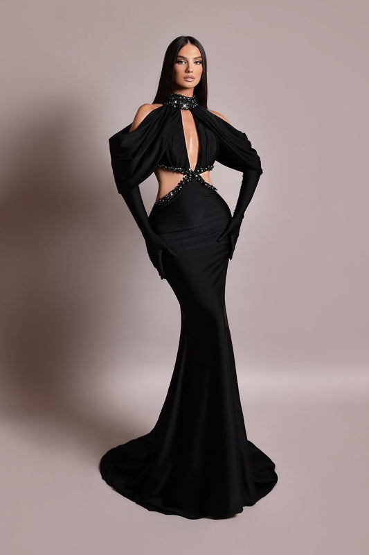 edgynewlook Black Long Sleeves High Neck Asymmetric Beadeds Mermaid Prom Dress