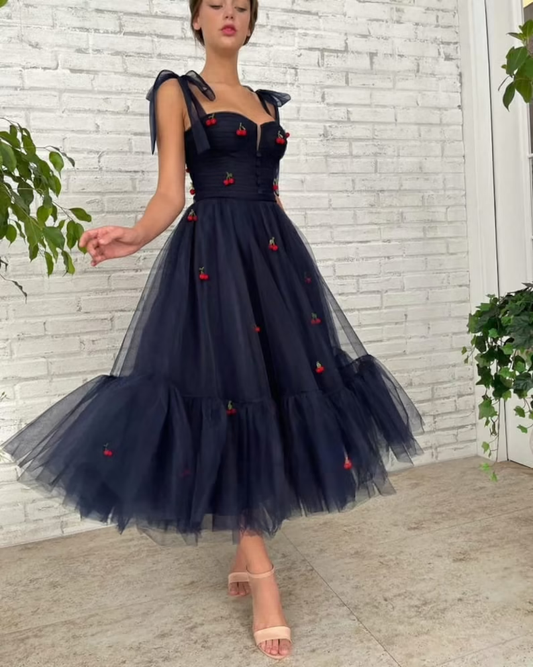 Cherry Spaghetti Straps Dress Starry Mesh Dress Homecoming dress  gh1831