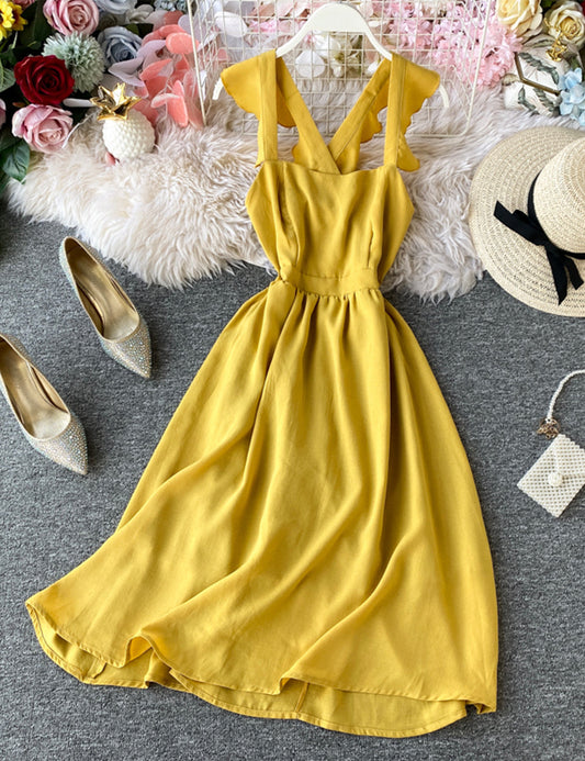 Fashion girl dress A line yellow summer dress  1220