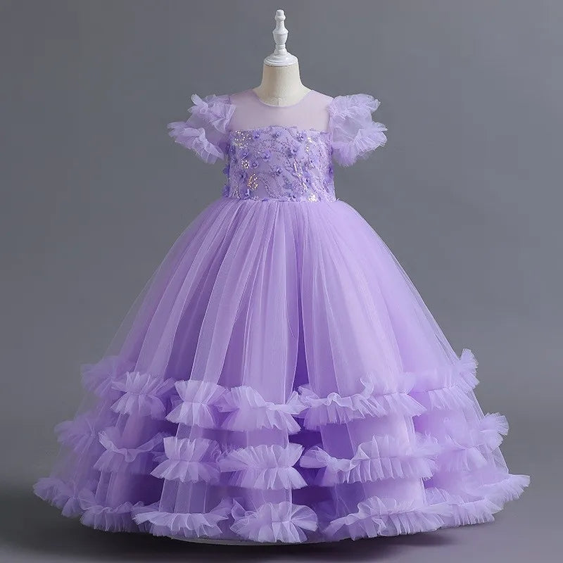 Ball Gown Short Sleeves Ruffled Girl Party Dresses with Beading Flower Appliques