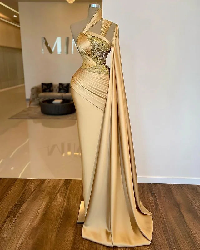 Luxurious Gold Sheath Prom Dress Asymmetric Mermaid Dress HT0054