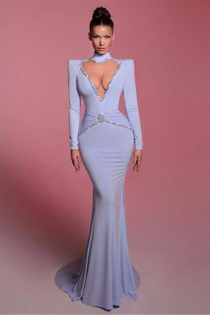 edgynewlook Stunning Blue Long Sleeves High Neck Slim Mermaid Prom Dress with Beadings