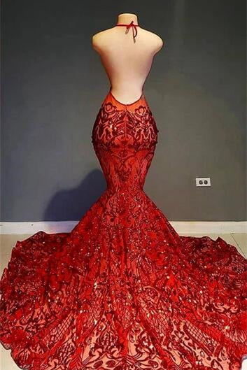 Red Halter Mermaid Prom Dress With Sequins Lace PD0788