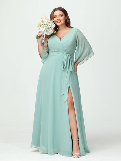 A-Line/Princess/Princess V-Neck Long Sleeves Chiffon Plus Size Bridesmaid Dresses With Pockets Belt & Split Side