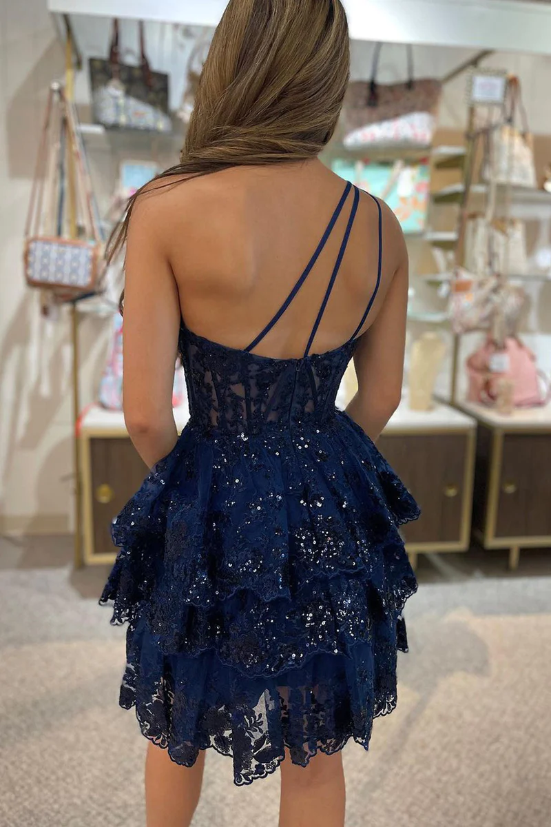 One Shoulder A Line  Navy Tiered Lace Short Homecoming Dress gh2665