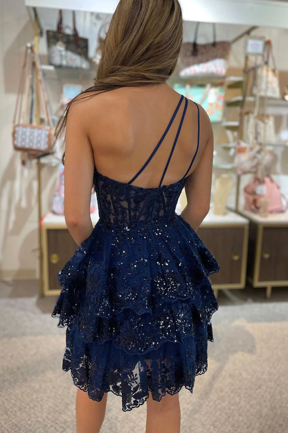 One Shoulder A Line  Navy Tiered Lace Short Homecoming Dress gh2665