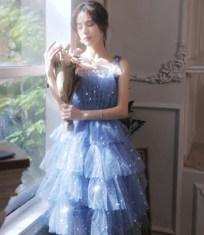 Blue tulle off shoulder prom dress homecoming dress  8896