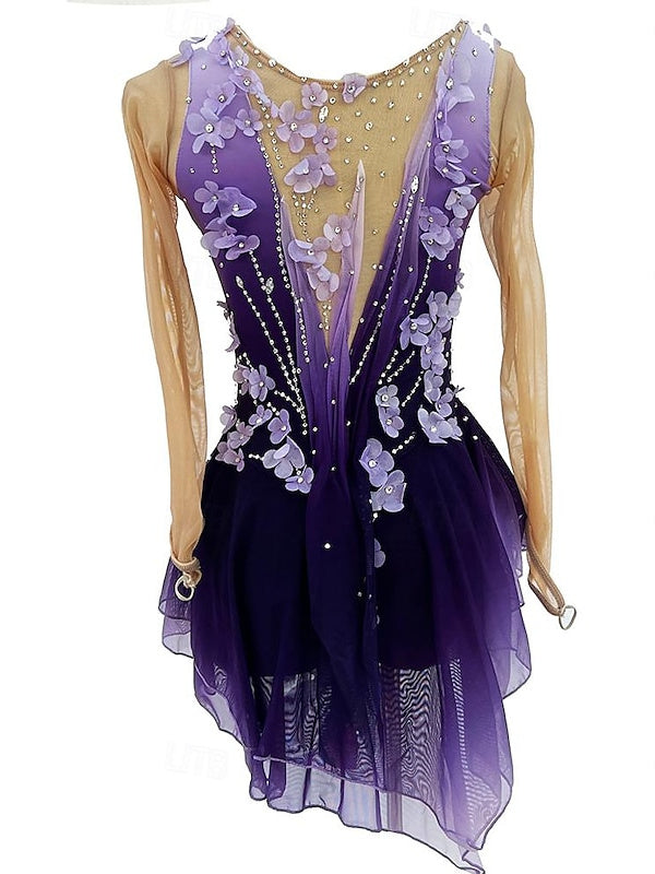 Purple Figure Skating Dress Wear Women's Girls' Long Sleeve Ice Skating Dress