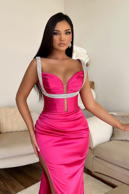 Mermaid Prom Dress Spaghetti Strap Fuchsia With High Slit V Neck Sleeveless YL0315