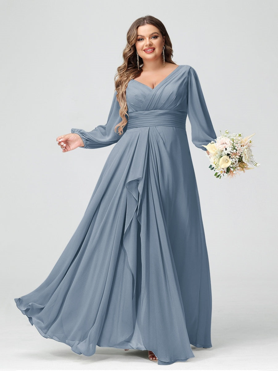 A-Line/Princess V-Neck Long Sleeeves Chiffon Ruffles Plus Size Bridesmaid Dresses with Pockets