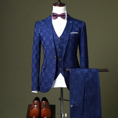 Royal Blue Men's Plaid Checkered Tailored Fit Single Breasted  3 Piece Wedding Homecoming Suits