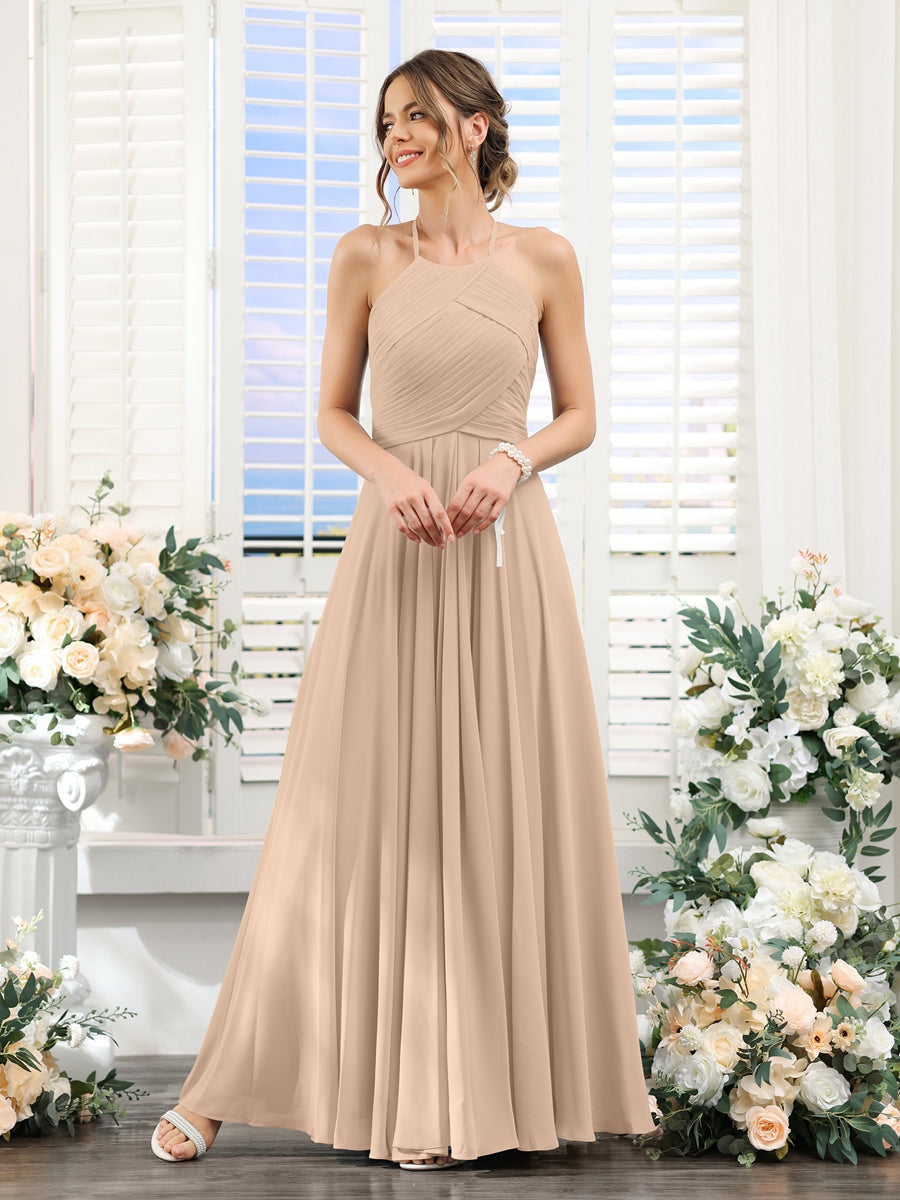 A-Line/Princess Halter Sleeveless Floor-Length Chiffon Bridesmaid Dresses with Ruched