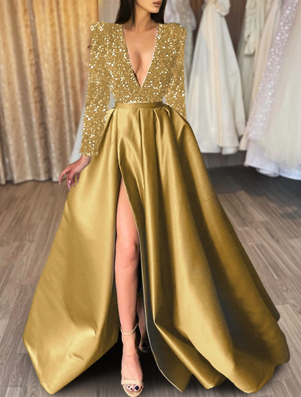 A-Line/Princess V-Neck Long Prom Dresses With Split Side & Sequins