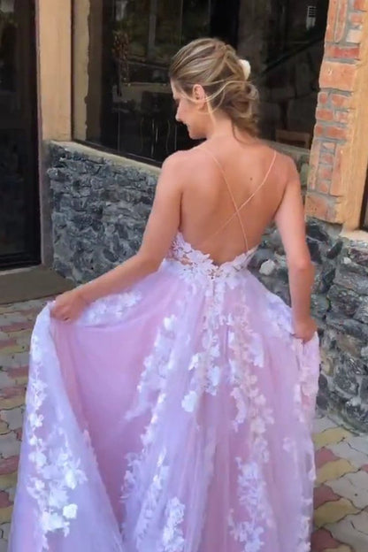 LTP1034,Gorgeous V Neck Backless Lace Floral Lilac Long Prom Dress, Formal Evening Dress,Floral A Line Long Wedding Dress