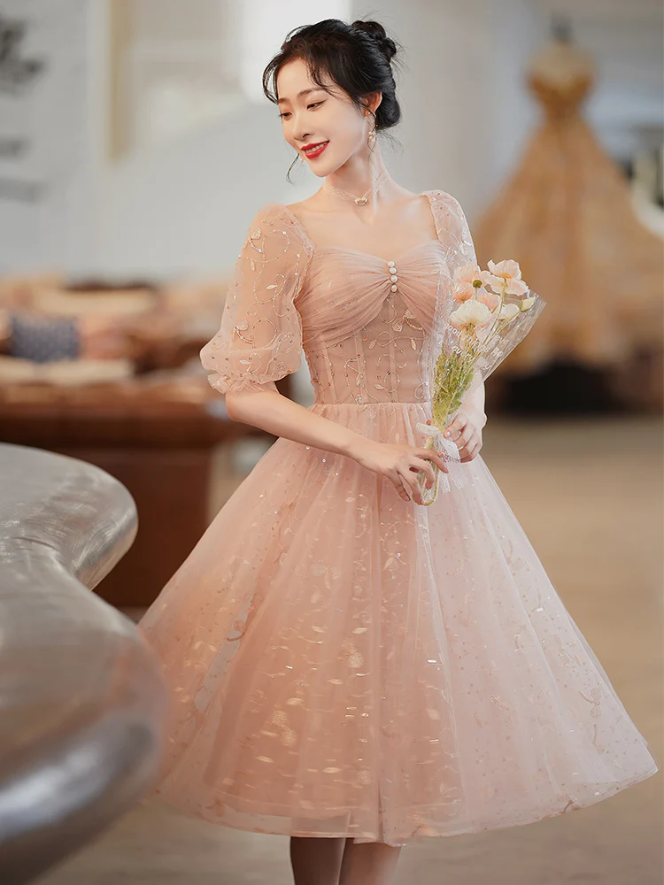 Lovely Pink Lace Short Sleeves Sweetheart Vintage Style Party Dress, Pink Homecoming Dresses gh59