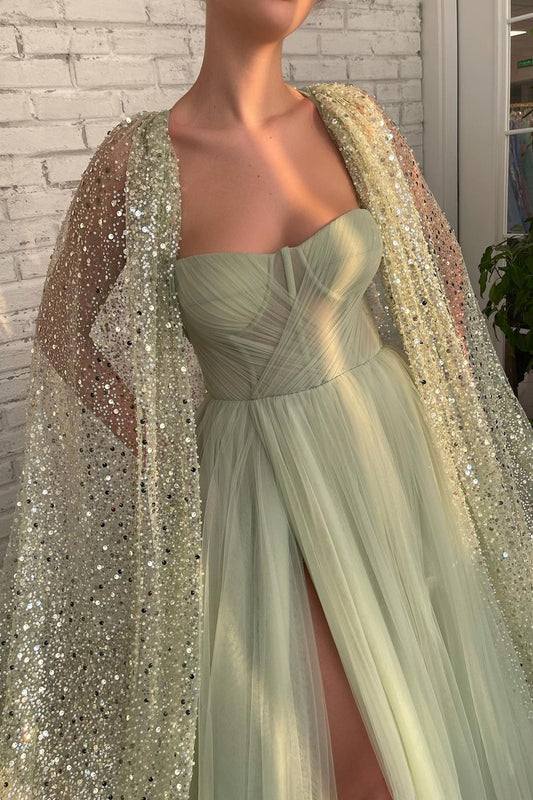 Edgynewlook Light Green Sweetheart Tulle Split Prom Dress with Sage Sparkly Sequin Cape