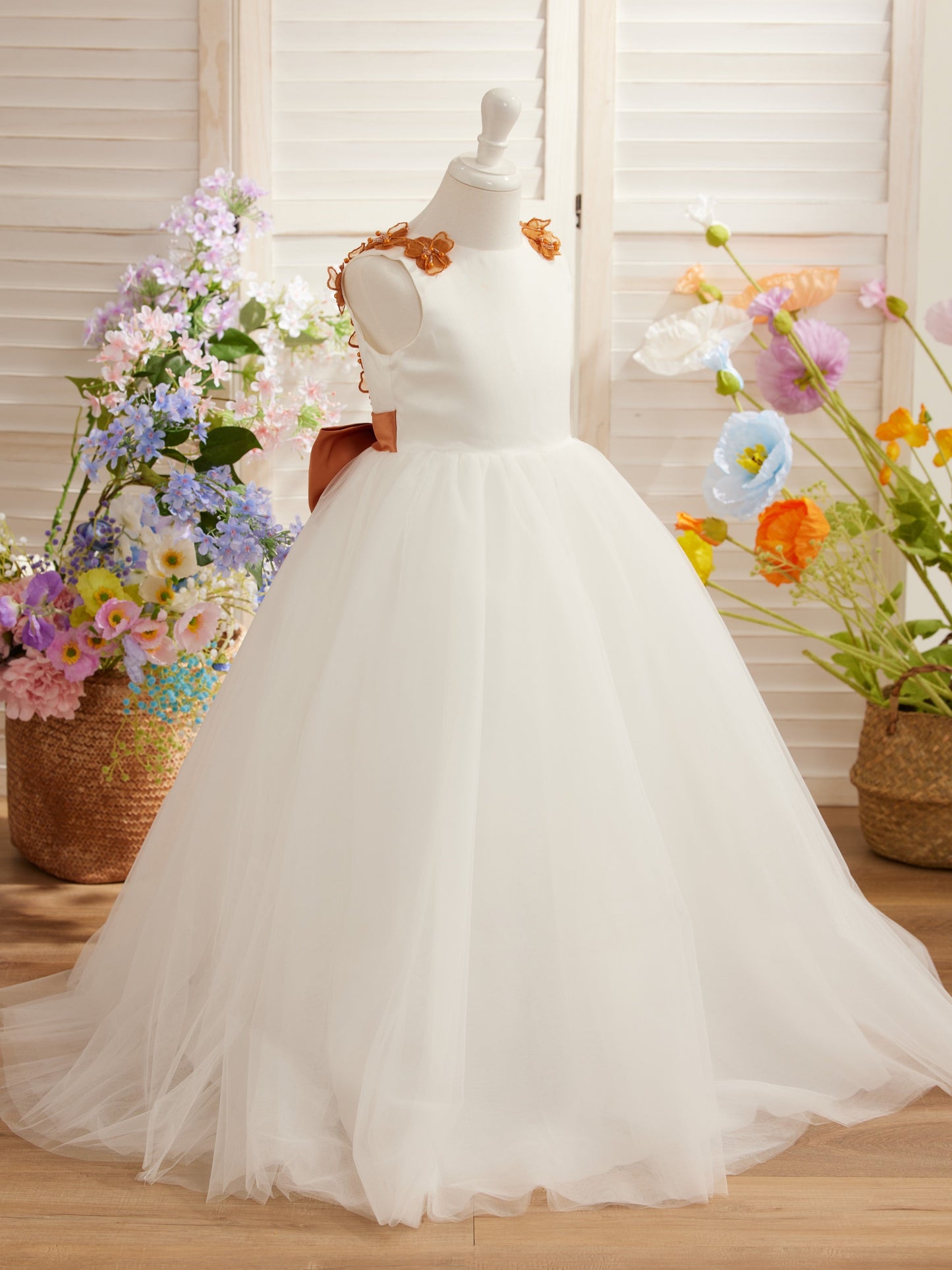 Ball-Gown/Princess 3d Flower Tulle Floor-length Ivory Flower Girl Dress