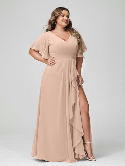 A-Line/Princess V-Neck Half Sleeves Chiffon Plus Size Bridesmaid Dresses with Split Side & Ruffles