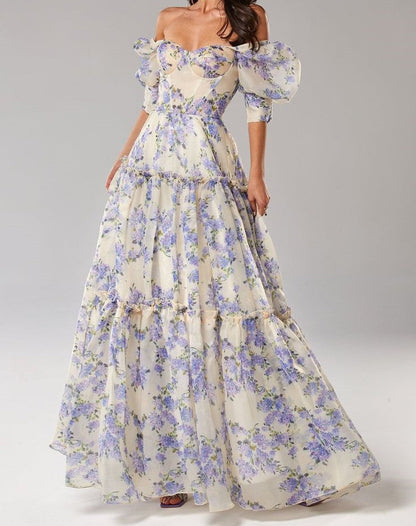 Floral Prom Dresses, Off The Shoulder Party Dress, Chiffon Evening Gown