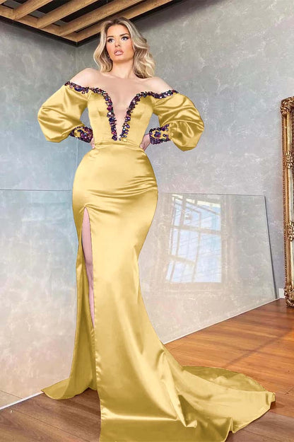 Purple V-Neck Mermaid Beadings Front Split Prom Dress Off-The-Shoulder With Long Sleeves ED0175