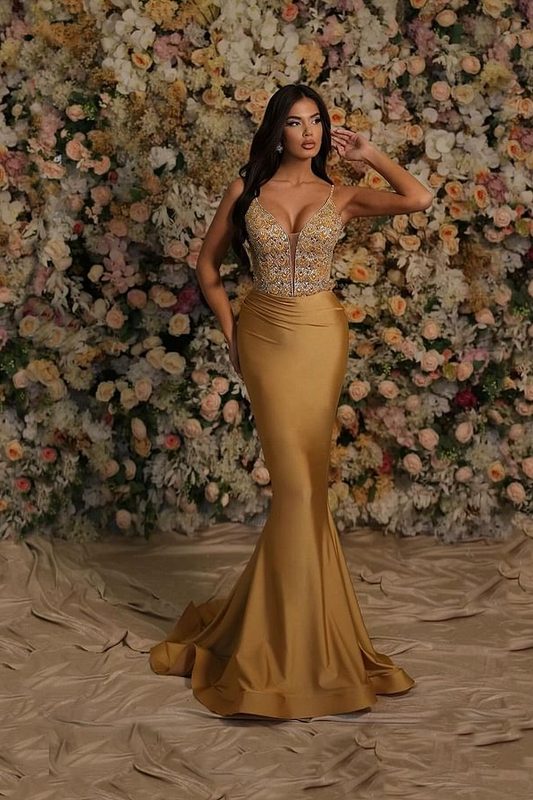 Dark Gold Spaghetti-Straps Mermaid Embroidery Prom Dress ZT0009