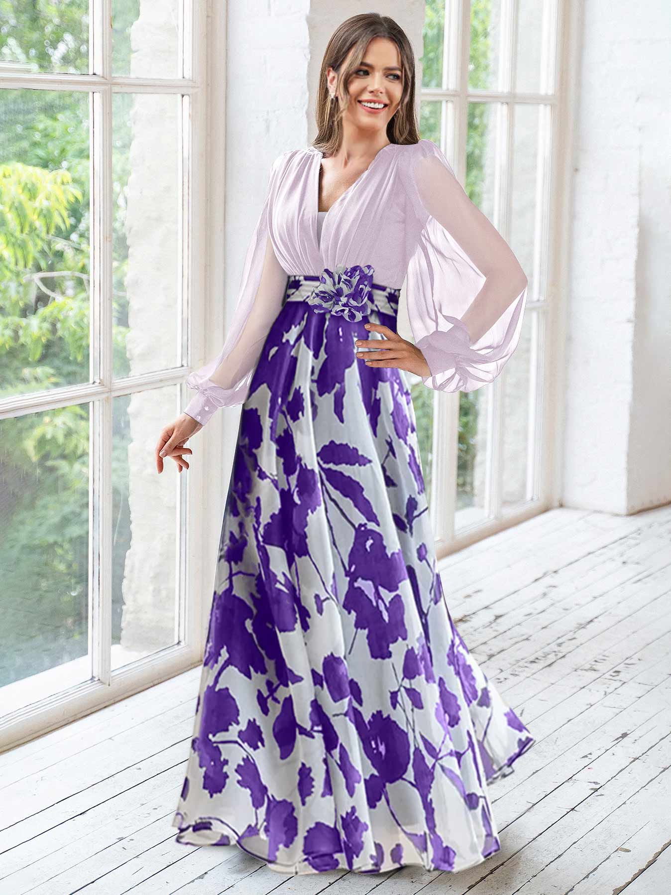 A Line/Princess V-Neck Long Sleeves Floor Length Floral Plus Size Mother of the Bride Dresses With Flower